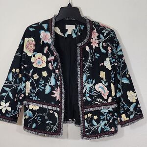 LOFT Black Floral Blazer With Embroidery and Fringe Trim Size 10